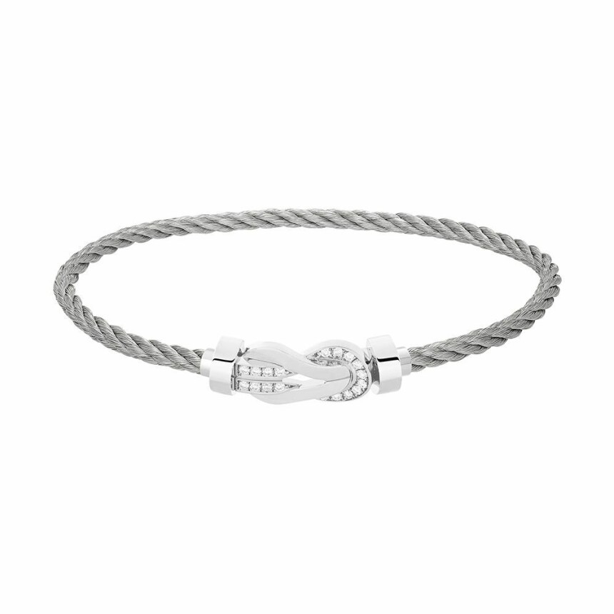 Bracelet FRED Chance Infinie moyen modèle boucle en or blanc, diamants et câble en acier 