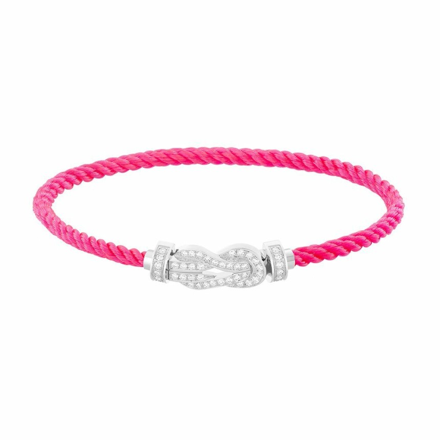 Bracelet FRED Chance Infinie moyen modèle boucle en or blanc, diamants et câble en corderie rose fluo