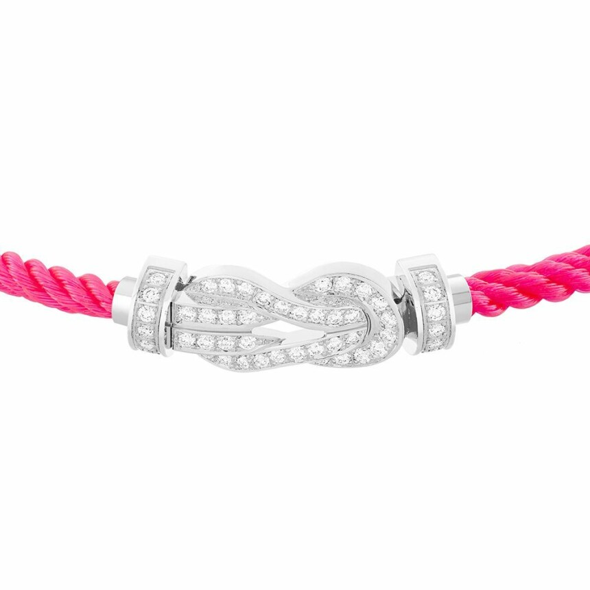 Bracelet FRED Chance Infinie moyen modèle boucle en or blanc, diamants et câble en corderie rose fluo