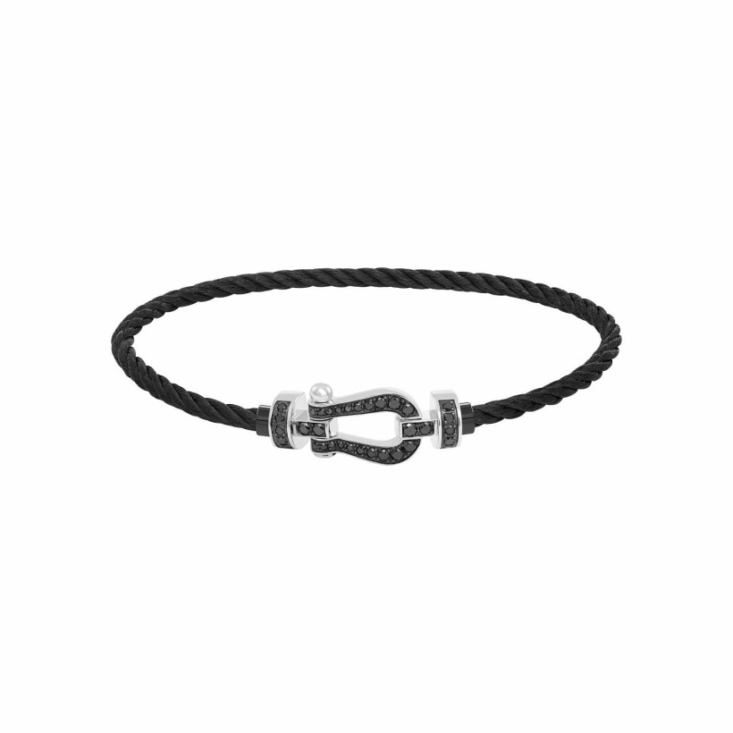 Bracelet FRED Force 10 Moyen Modèle en or blanc, diamants noirs, câble en corderie noir et PVD noir