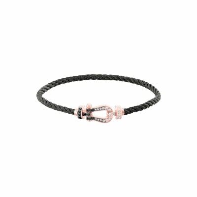 Bracelet FRED Force 10 moyen modèle manille en or rose et diamants blancs, gris, noirs, câble moyen modèle en acier chocolat embouts acier doré rose
