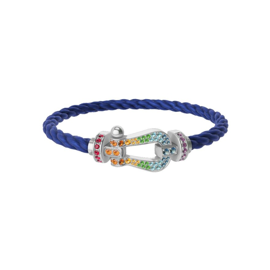 Bracelet FRED Force 10 Grand Modèle en or blanc et pierres de couleurs, câble en corderie bleu indigo