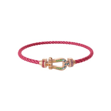 Bracelet FRED Force 10 Moyen Modèle manille en or rose, pierres de couleurs et câble en corderie bois rose