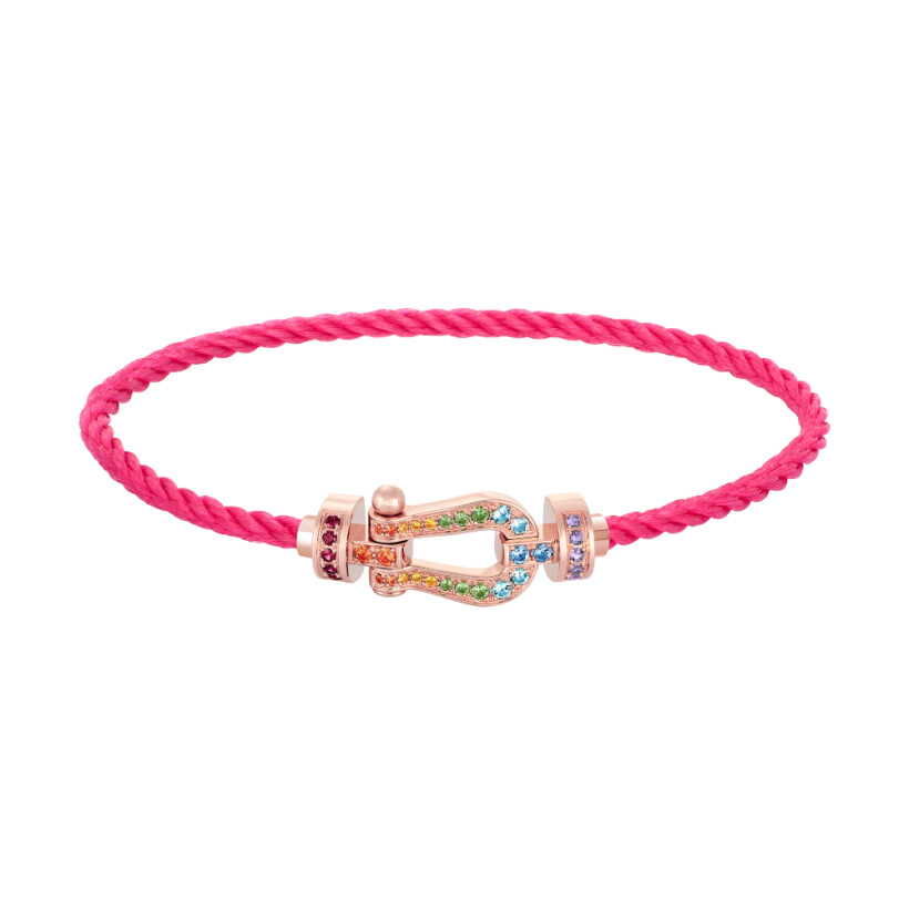 Bracelet FRED Force 10 Moyen Modèle manille en or rose, pierres de couleurs et câble en corderie bois rose