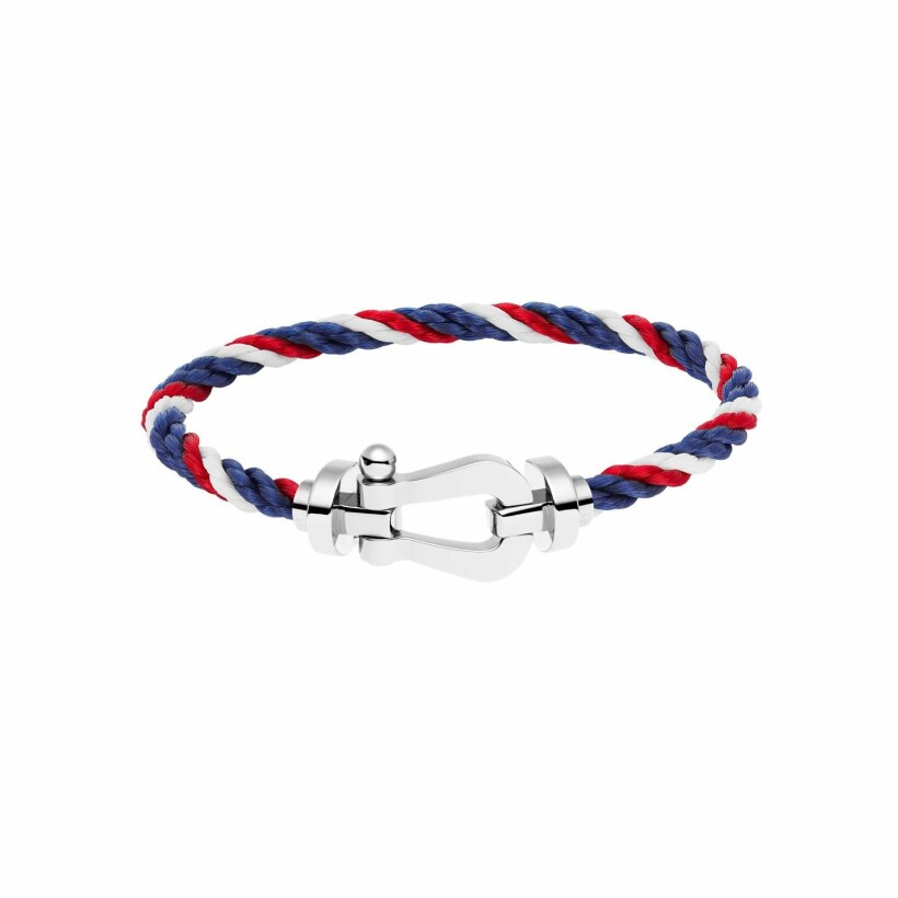 Bracelet FRED Force 10 Grand Modèle en platine, câble corderie bleu, blanc, rouge et acier