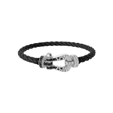 Bracelet FRED Force 10 Grand Modèle en or blanc et diamants noirs et blancs, câble en corderie noir