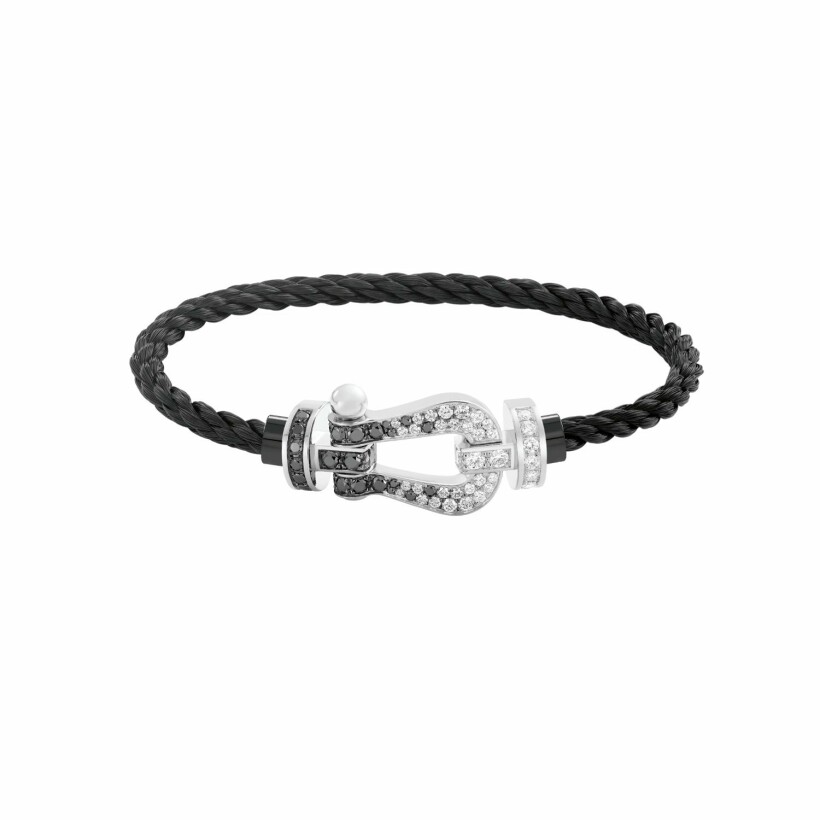 Bracelet FRED Force 10 grand modèle en or blanc, diamants noirs et blancs et corderie noire