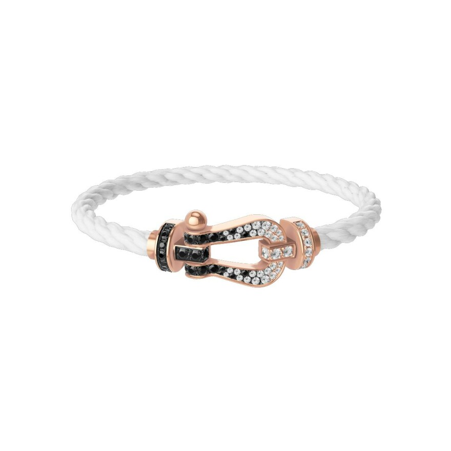 Bracelet FRED Force 10 Grand Modèle en or rose et diamants noirs et blancs, câble en corderie blanc