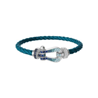 Bracelet FRED Force 10 Grand Modèle en or blanc, diamants et pierres de couleurs, câble en corderie bleu riviera