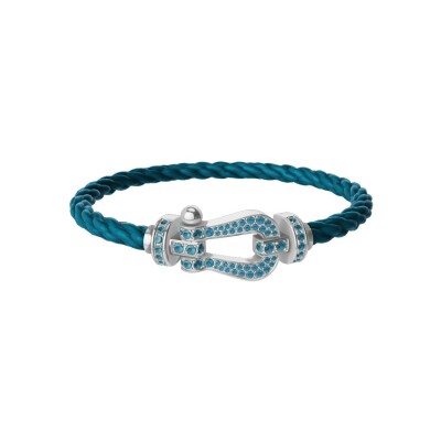 Bracelet FRED Force 10 Grand Modèle en or blanc et topazes bleues, câble en corderie bleu riviera