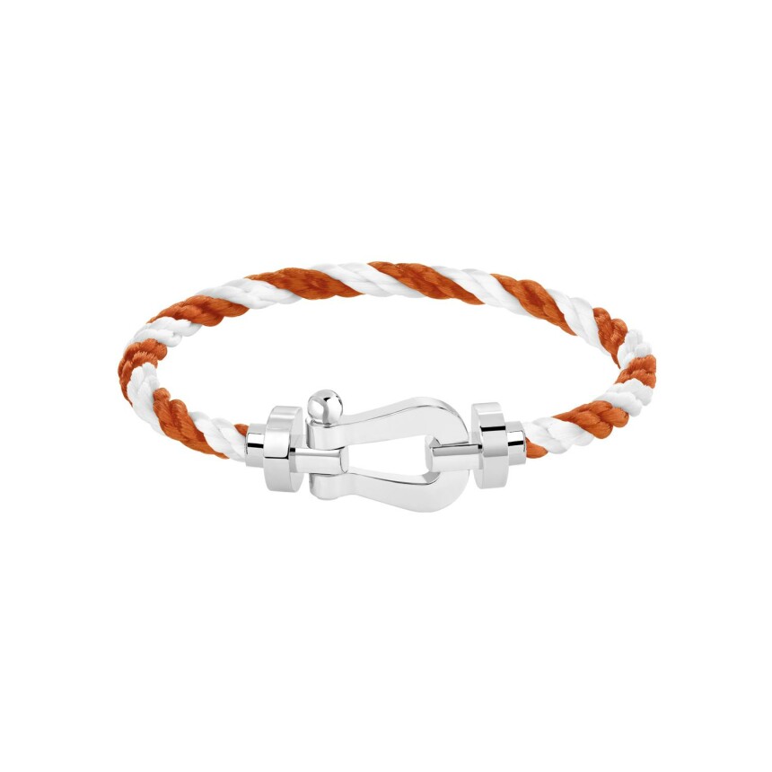 Bracelet FRED Force 10 Grand modèle Roland Garros en or blanc, grenat mandarin, câble en corderie terracotta et blanc