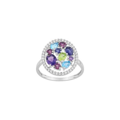 Bague en or blanc, améthyste, péridot, cordiérite, topaze, rhodolite et oxydes de zirconium