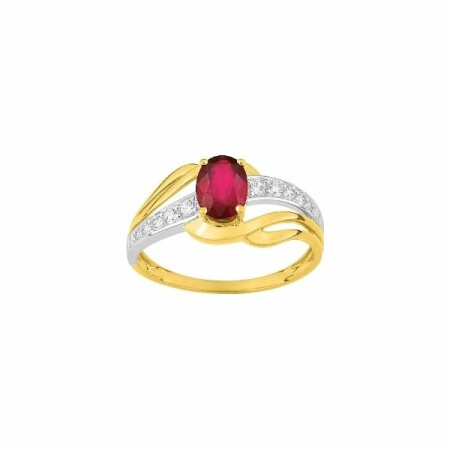 Bague en or jaune, or blanc et oxydes de zirconium et rubis