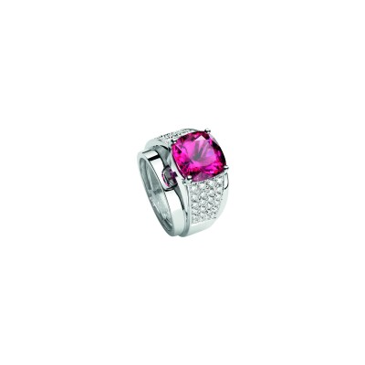 Bague Rubellite ornée de diamants taille brillant, monture en or blanc