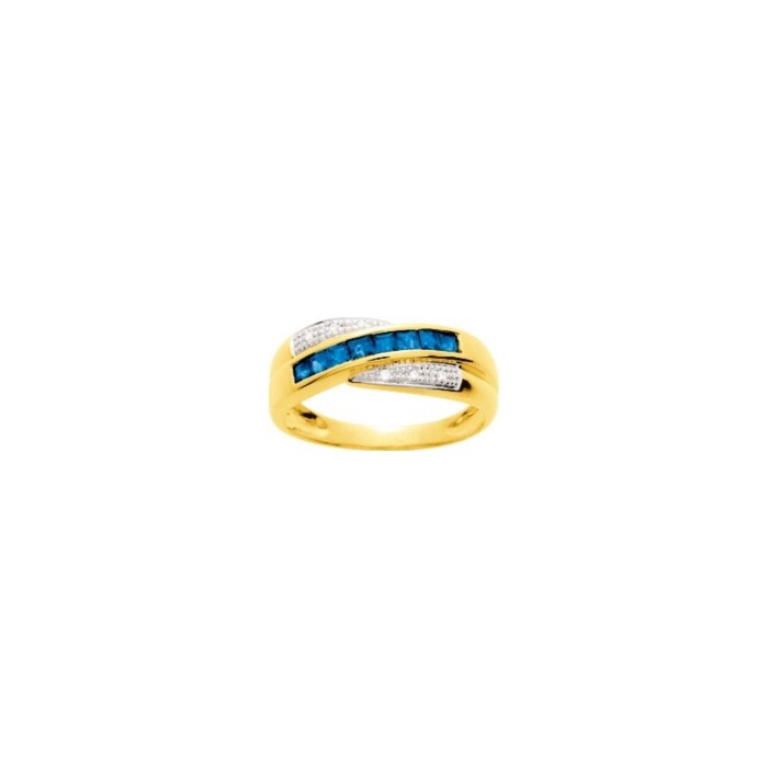 Bague en or jaune, rhodium, saphirs et diamants