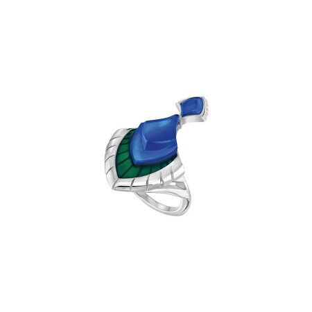 Bague Lalique Paon en argent, laque verte et cristal, taille 55