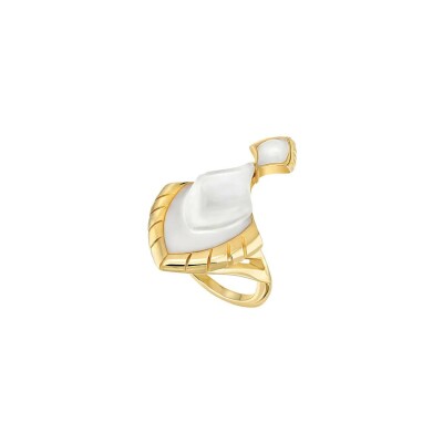 Bague Lalique Paon en plaqué or, laque blanche et cristal, taille 53