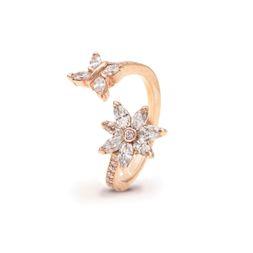 Anémones & Papillons navette ring, rose gold