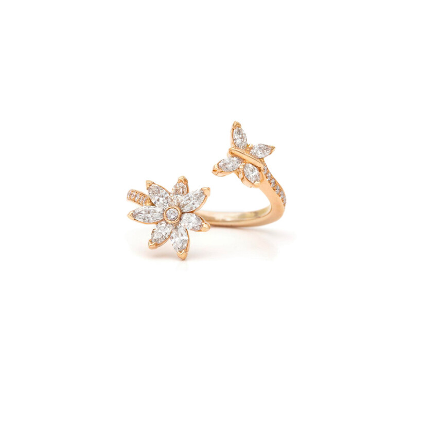 Anémones & Papillons navette ring, rose gold