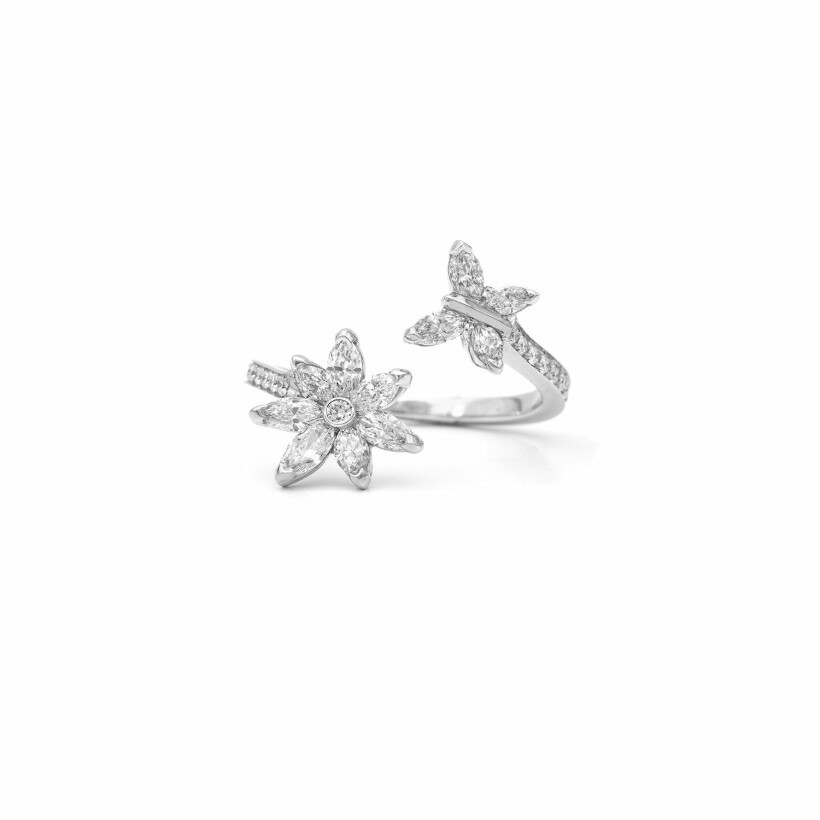 Anémones & Papillons navette ring, white gold