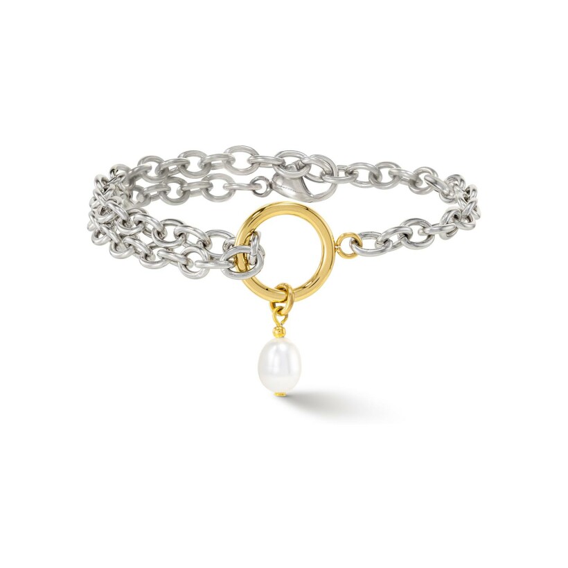 Bracelet Cœur de Lion en acier, métal doré et perle d'eau douce