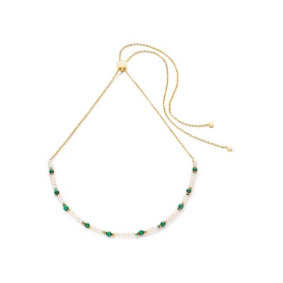 Collier Cœur de Lion en métal doré, perle d'eau douce et malachite