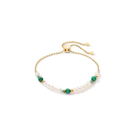 Bracelet Cœur de Lion en métal doré, perle d'eau douce et malachite