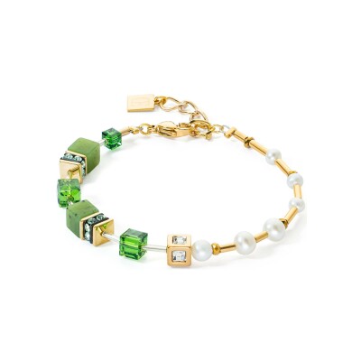 Bracelet Coeur de Lion GeoCUBE Fusion Precious Pearl Mix en acier doré, perle d'eau douce, nephrite et cristaux Swarovski et strass