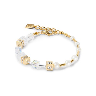 Bracelet Coeur de Lion GeoCUBE Fusion Precious Pearl Mix en acier doré, perle d'eau douce, cristal de roche et cristaux Swarovski et strass
