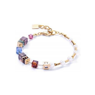 Bracelet Coeur de Lion GeoCUBE Fusion Precious Pearl Mix en acier doré, perle d'eau douce, quartz fumé et cristaux Swarovski et strass