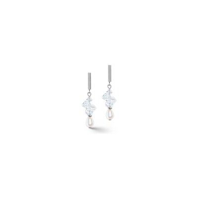 Boucles d'oreilles Coeur de Lion en acier, cristaux et perle d'eau douce