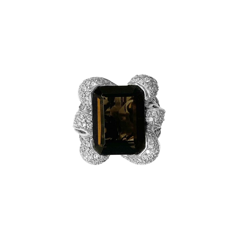 Bague Isabelle Barrier en or blanc, diamants, diamants bruns et quartz fumé, taille 53
