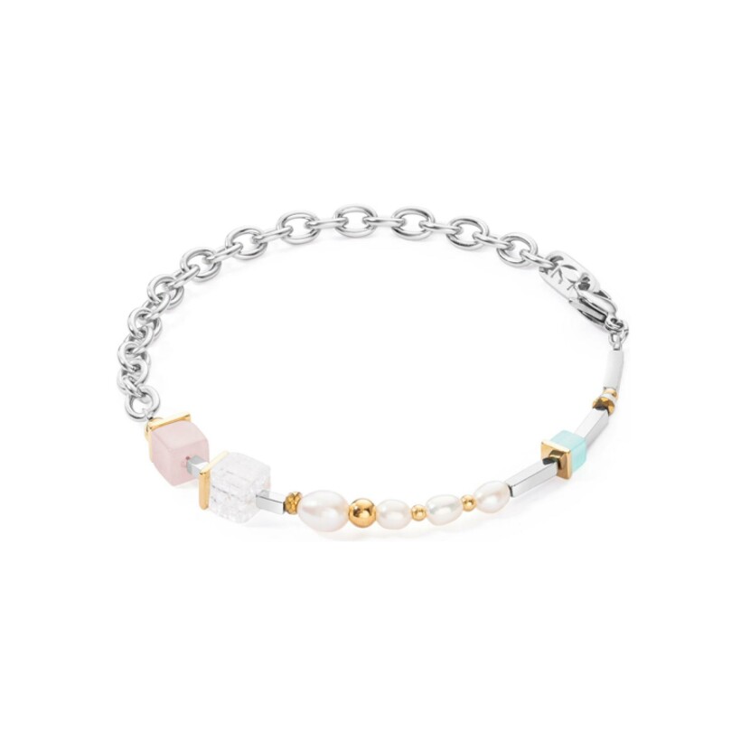 Bracelet Coeur de Lion en acier, métal doré, perle d'eau douce, quartz rose et cristal de roche