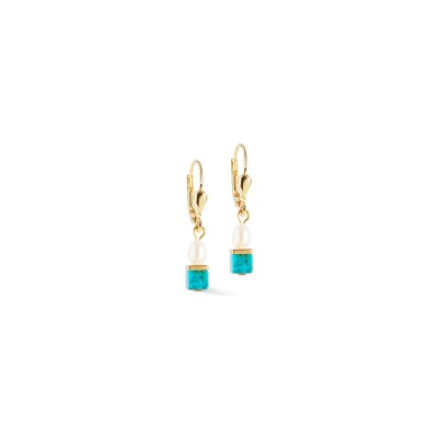 Boucles d'oreilles Coeur de Lion Princess Fusion Pearls en acier doré, perle d'eau douce et turquoise