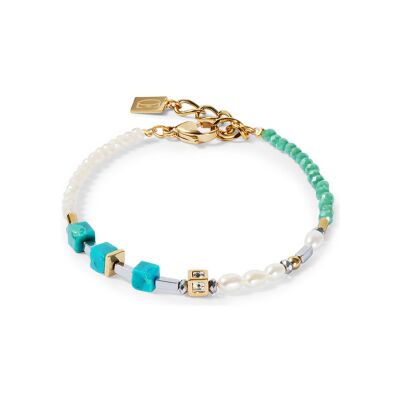 Bracelet Coeur de Lion Princess Fusion Pearls en acier doré, perle d'eau douce, turquoise et verre
