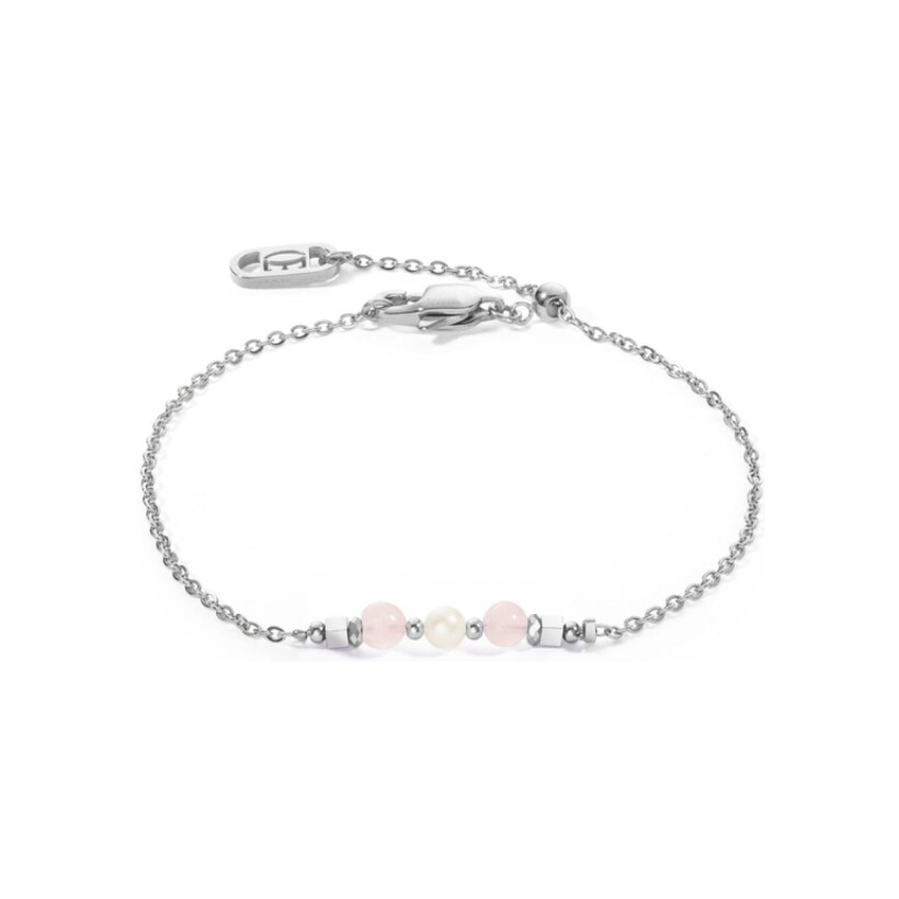 Bracelet Coeur de Lion en acier, quartz rose et perle d'eau douce