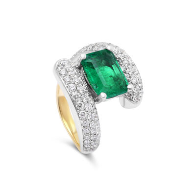 Bague Storm en or blanc  et jaune, émeraude taille émeraude et diamants