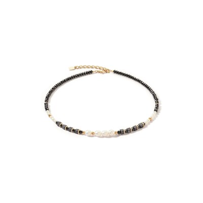 Collier Coeur de Lion en acier doré, perle d'eau douce, onyx et verre