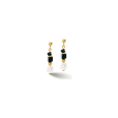Boucles d'oreilles Coeur de Lion en acier doré, perle d'eau douce, onyx et verre
