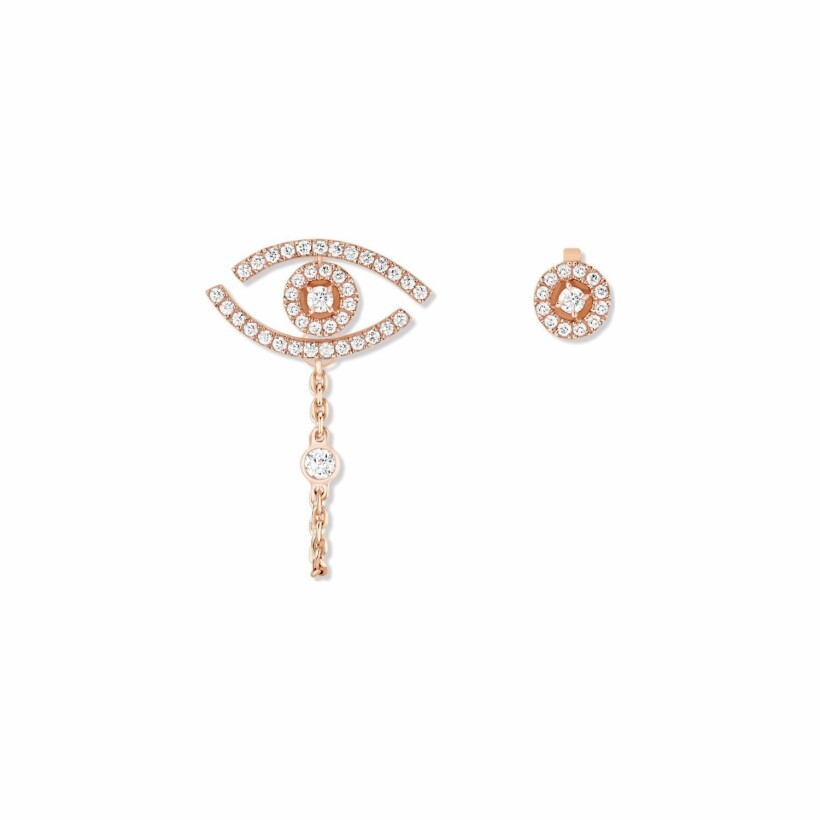Messika Lucky Eye asymmetric earrings, rose gold pave, diamonds