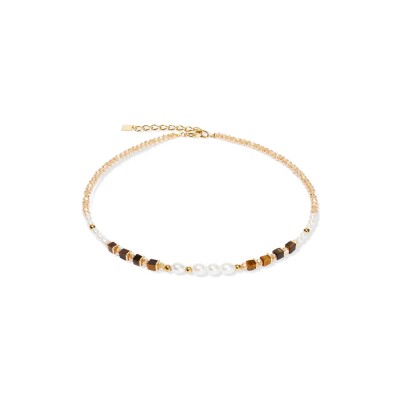 Collier Coeur de Lion Cosmic Pearls en acier doré, perle d'eau douce, oeil de tigre et verre