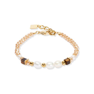 Bracelet Coeur de Lion Cosmic Pearls en acier doré, perle d'eau douce, oeil de tigre et verre