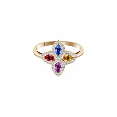 Bague en or rose, saphirs multicolores et diamants de 0.20ct