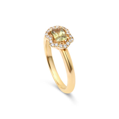 Bague New Miss en or rose, saphir vert clair taille radiant et diamants