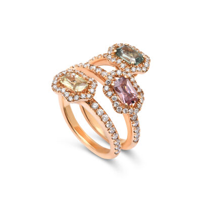 Bague New Miss en or rose, saphir vert, rose et jaune taille radiant et diamants