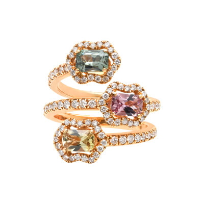 Bague New Miss en or rose, saphir vert, rose et jaune taille radiant et diamants