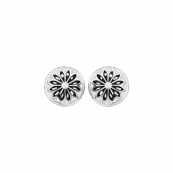 Boucles d'oreilles tige acier ronde stella mia fleur noir et blanc et nacre blanche