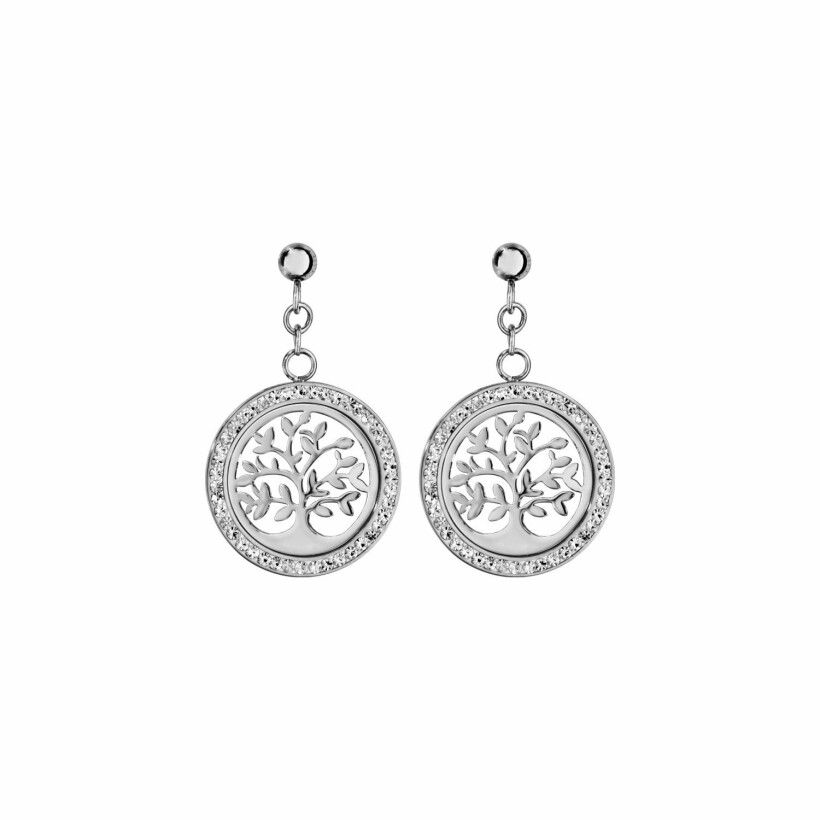 Boucles d'oreilles tige en acier ronde motif arbre de vie contour résine et strass blanc