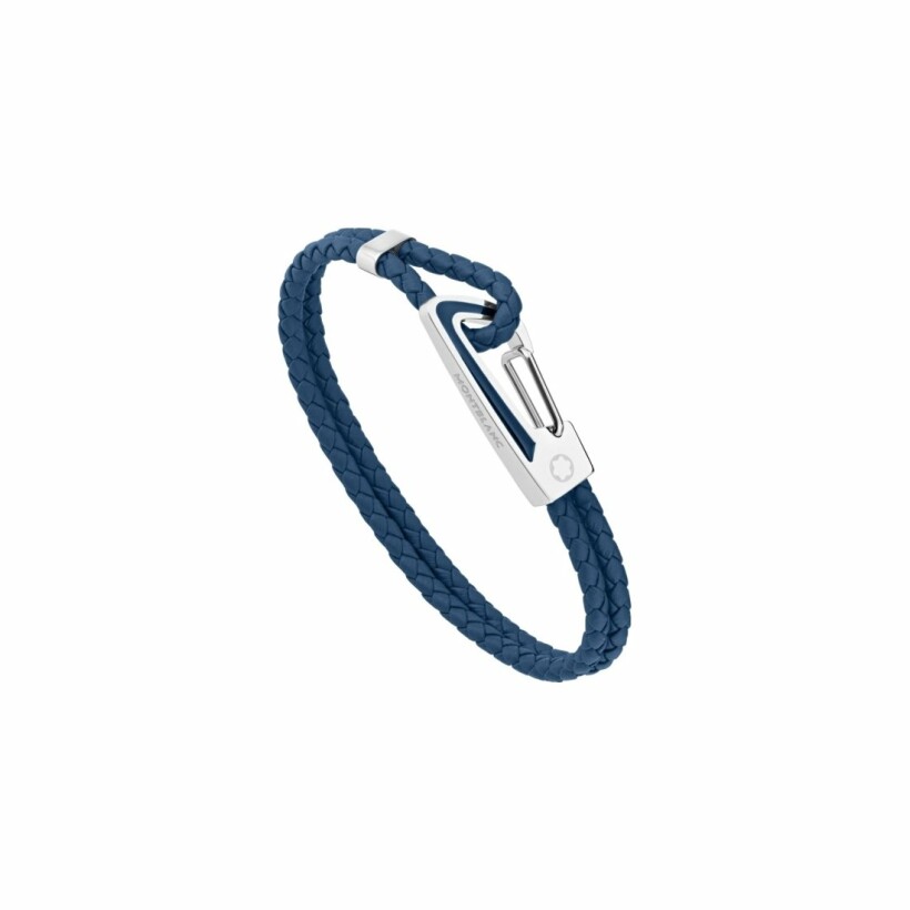 Bracelet Montblanc en cuir bleu tressé avec fermoir mousqueton en acier et insert IGNORE en laque bleue