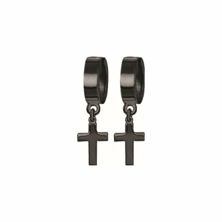 Boucles d'oreilles créoles en acier et pvd noir avec croix suspendu